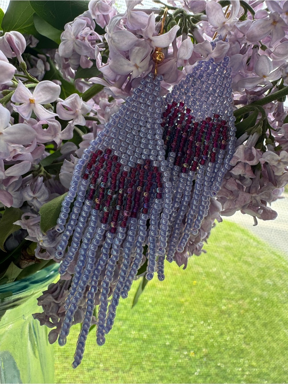 Handmade Lilac Beaded Fringe Earrings with Purple Heart -Made in Montreal